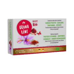 Boîte de complément alimentaire Humeur positive BIO Granaline qui contribue à combattre le stress, l'anxiété et le surmenage, à base de safran et de jus de grenade.